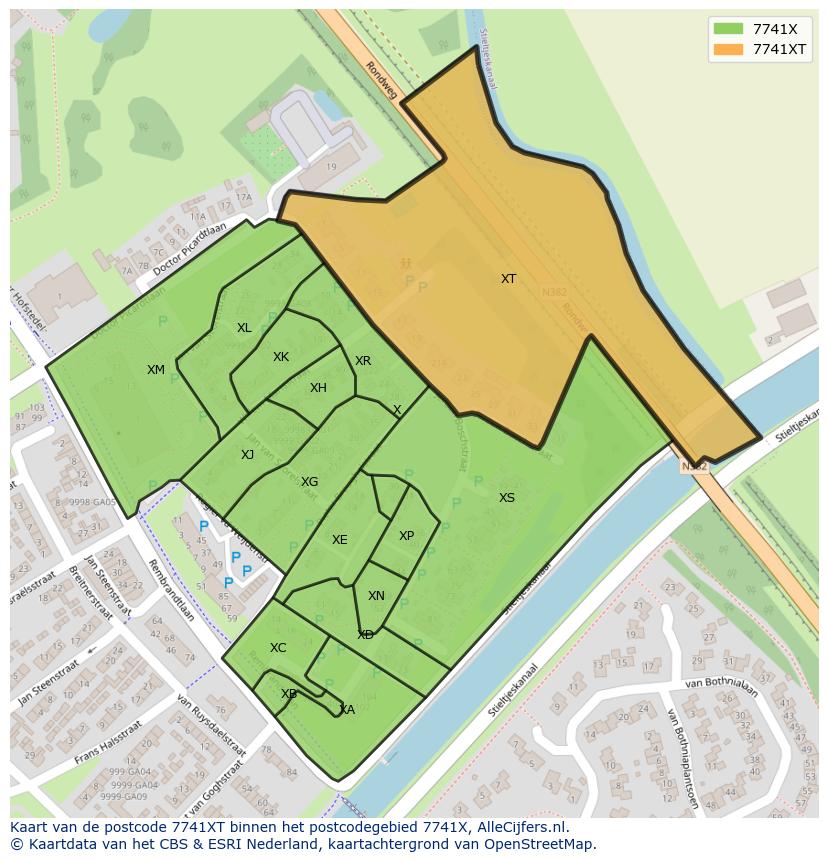 Afbeelding van het postcodegebied 7741 XT op de kaart.