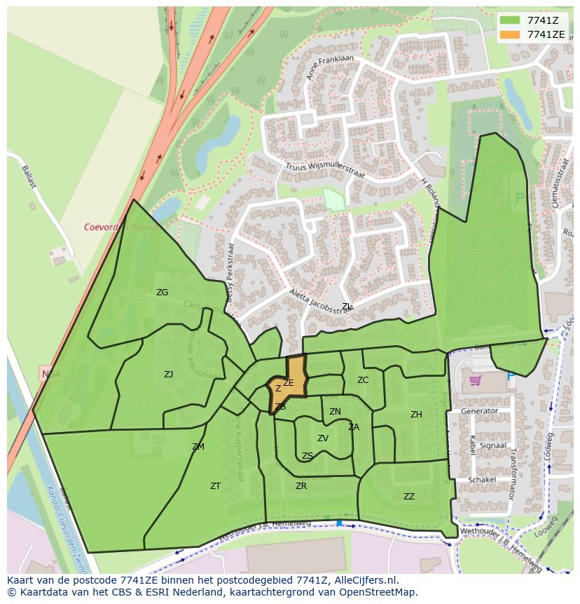 Afbeelding van het postcodegebied 7741 ZE op de kaart.