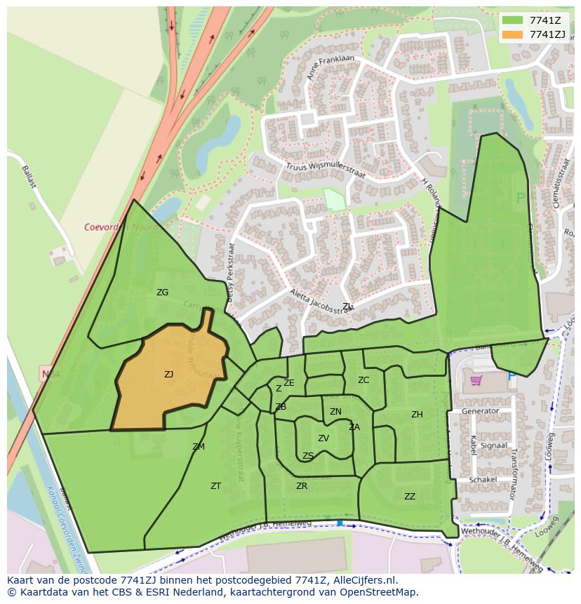 Afbeelding van het postcodegebied 7741 ZJ op de kaart.