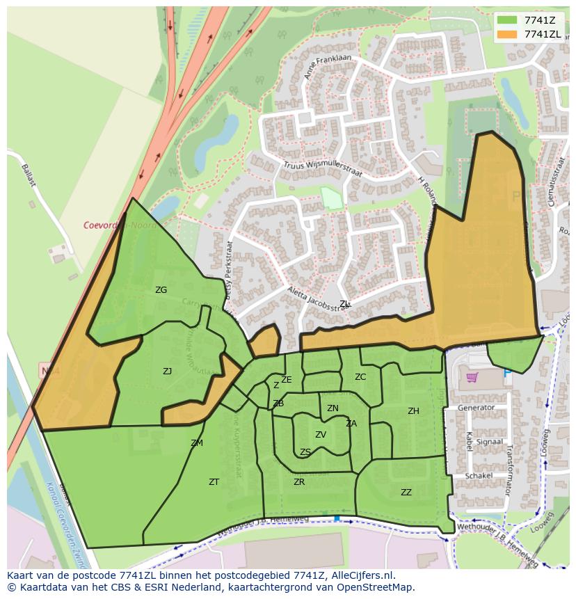 Afbeelding van het postcodegebied 7741 ZL op de kaart.