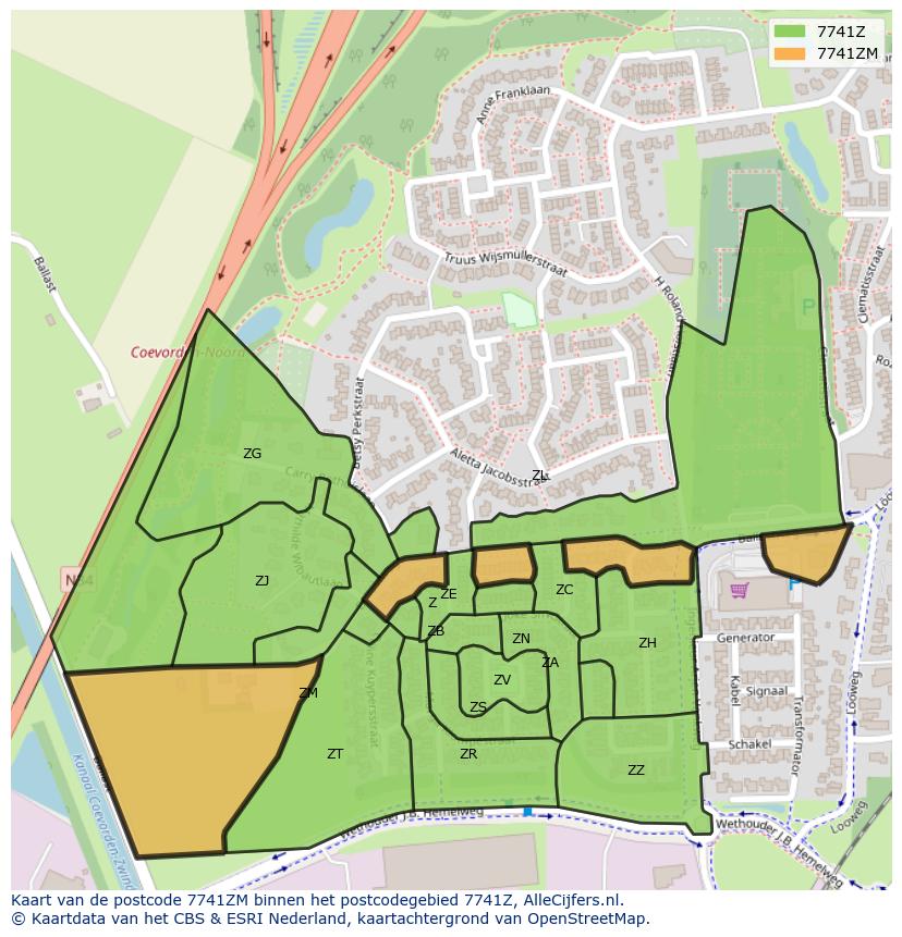 Afbeelding van het postcodegebied 7741 ZM op de kaart.