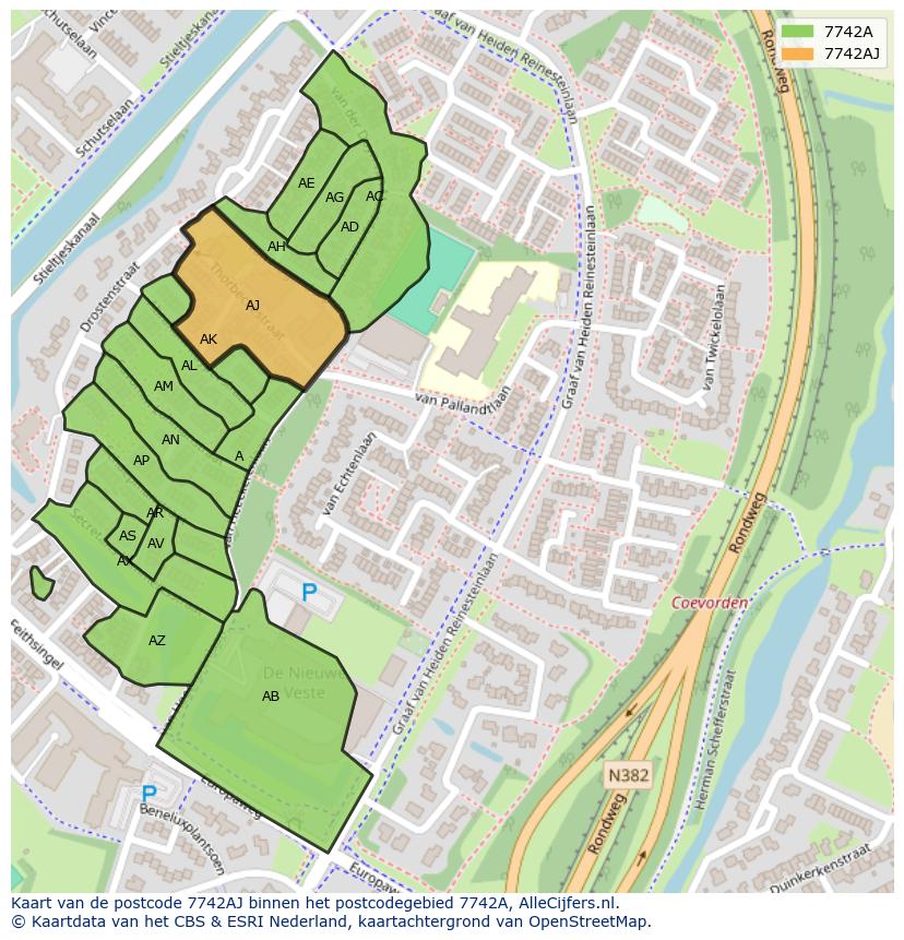 Afbeelding van het postcodegebied 7742 AJ op de kaart.