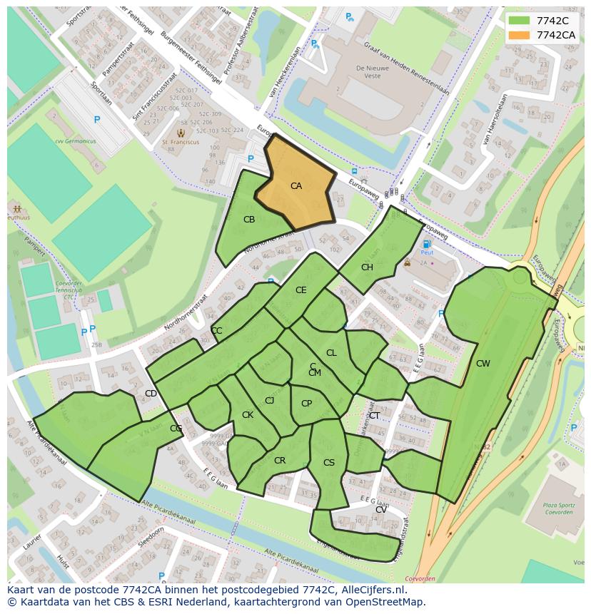 Afbeelding van het postcodegebied 7742 CA op de kaart.