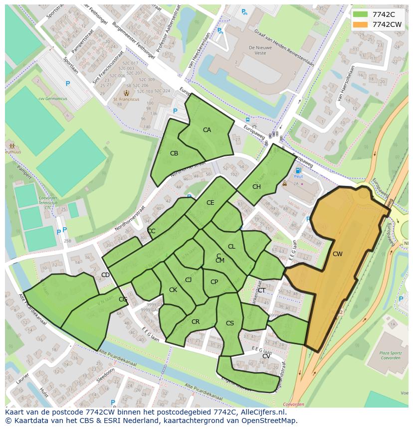 Afbeelding van het postcodegebied 7742 CW op de kaart.