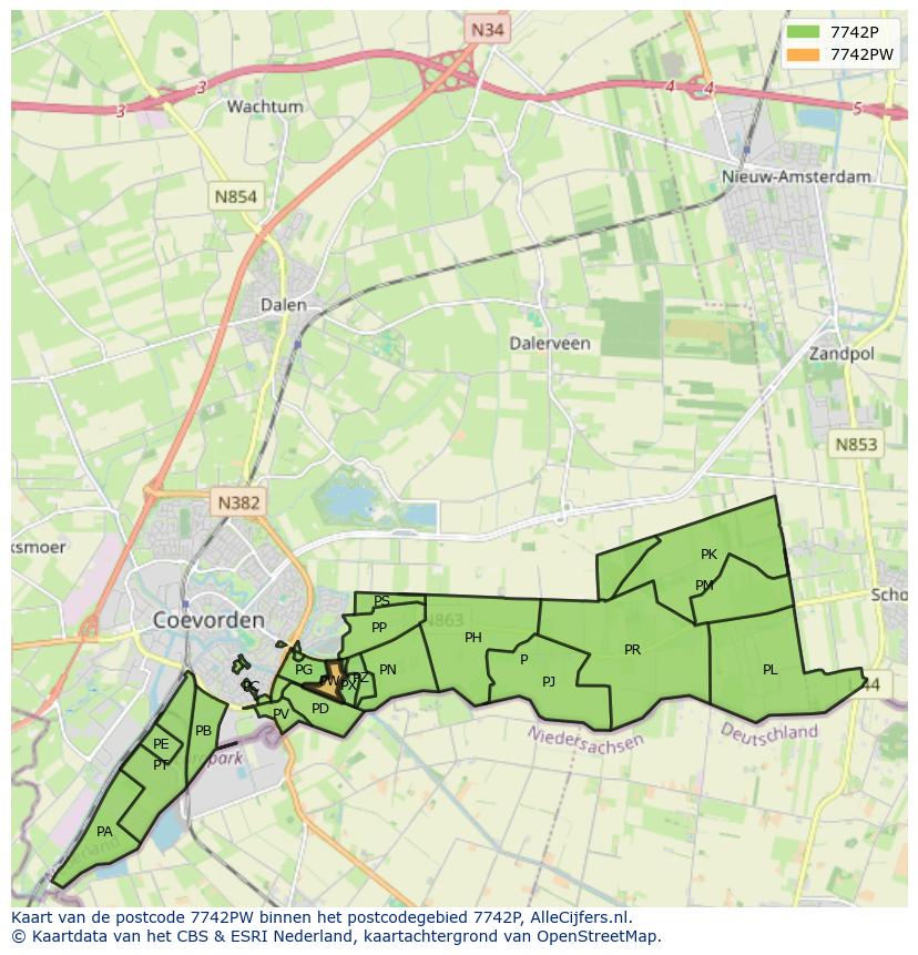 Afbeelding van het postcodegebied 7742 PW op de kaart.