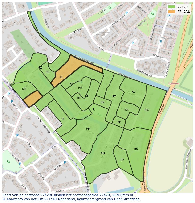 Afbeelding van het postcodegebied 7742 RL op de kaart.