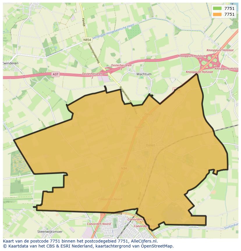 Afbeelding van het postcodegebied 7751 op de kaart.