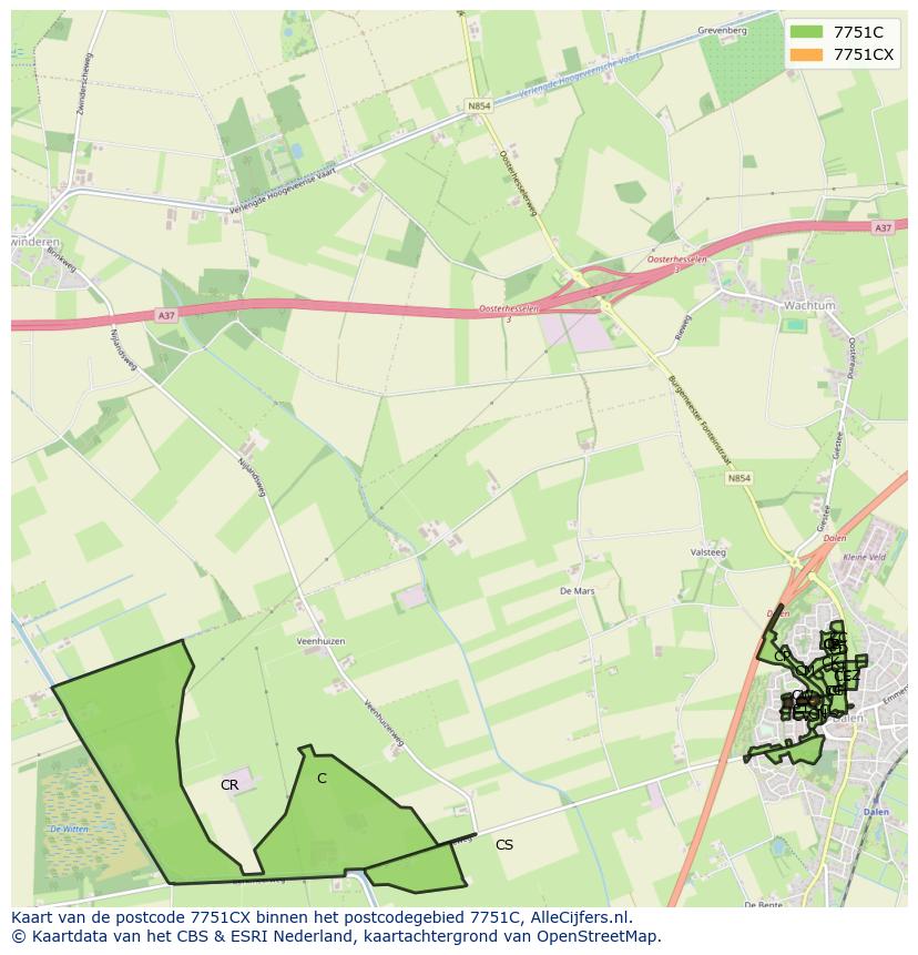 Afbeelding van het postcodegebied 7751 CX op de kaart.