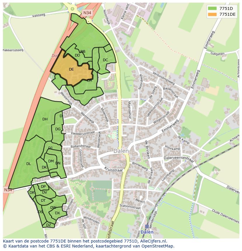 Afbeelding van het postcodegebied 7751 DE op de kaart.