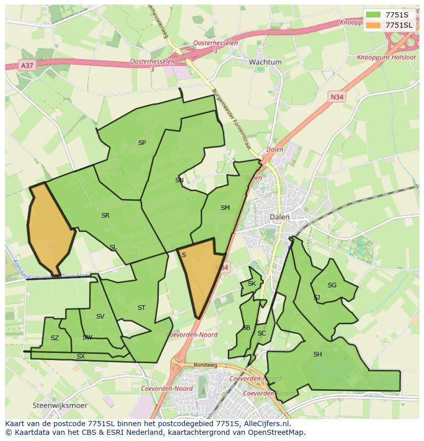 Afbeelding van het postcodegebied 7751 SL op de kaart.