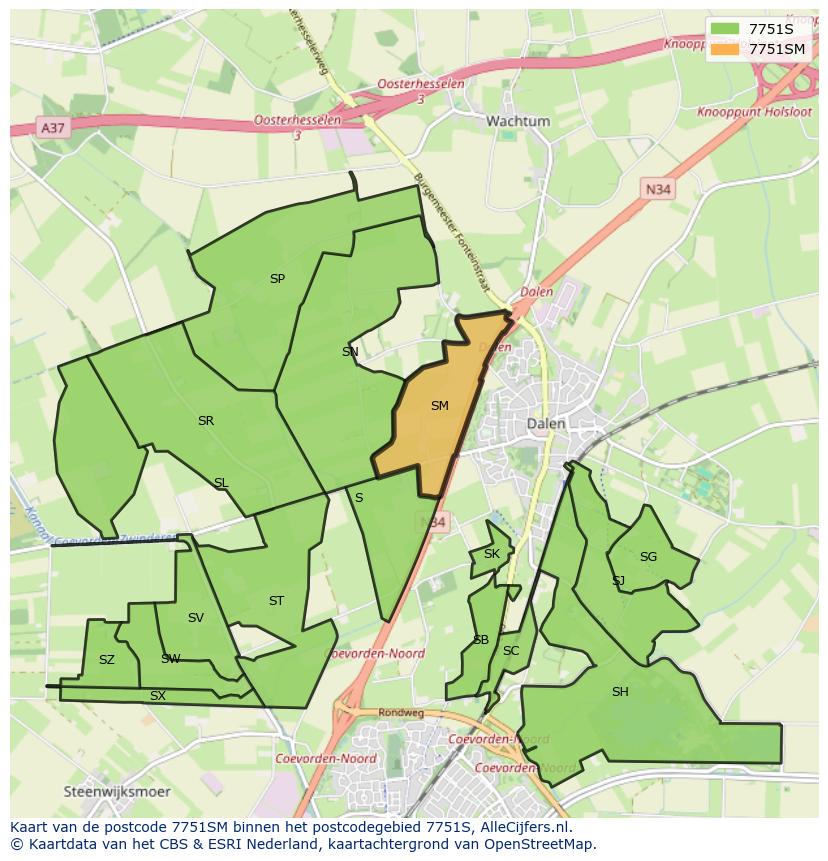 Afbeelding van het postcodegebied 7751 SM op de kaart.
