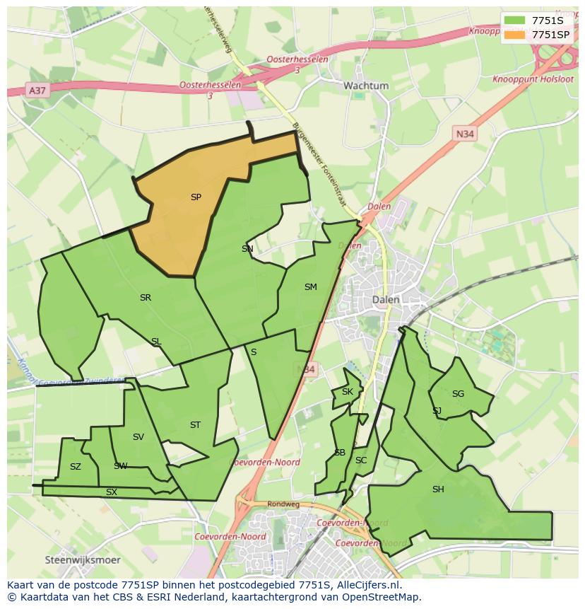 Afbeelding van het postcodegebied 7751 SP op de kaart.