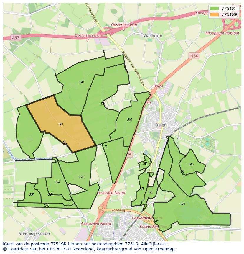 Afbeelding van het postcodegebied 7751 SR op de kaart.