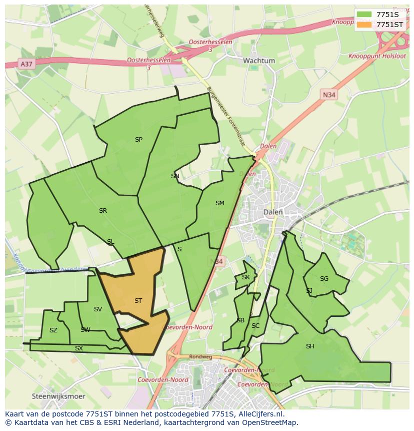 Afbeelding van het postcodegebied 7751 ST op de kaart.