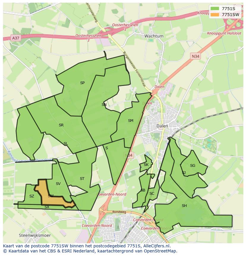 Afbeelding van het postcodegebied 7751 SW op de kaart.