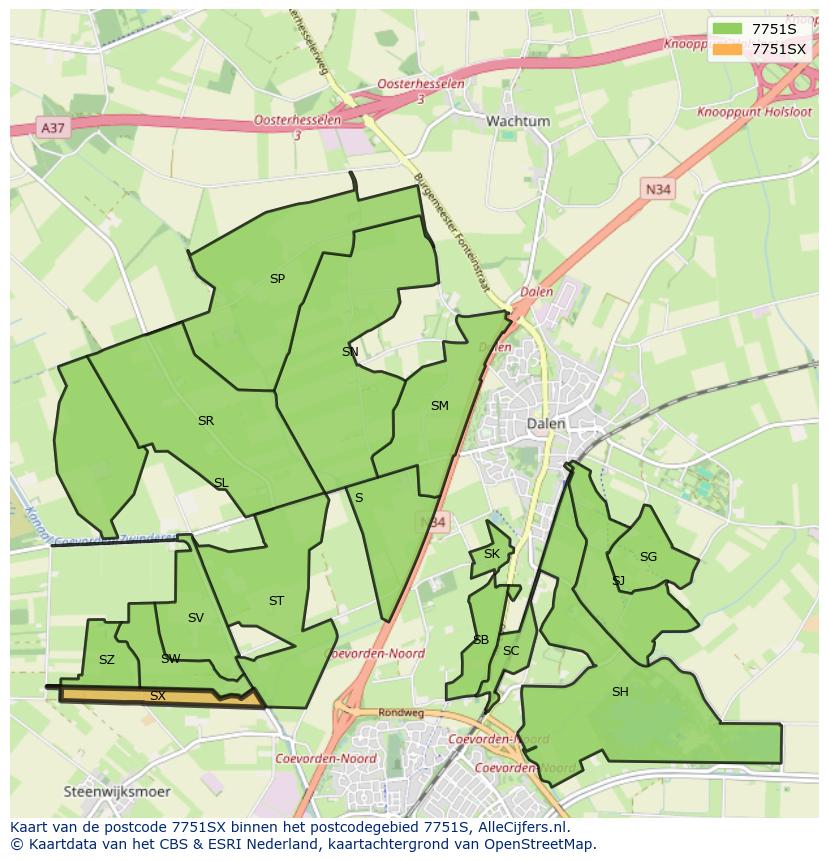 Afbeelding van het postcodegebied 7751 SX op de kaart.