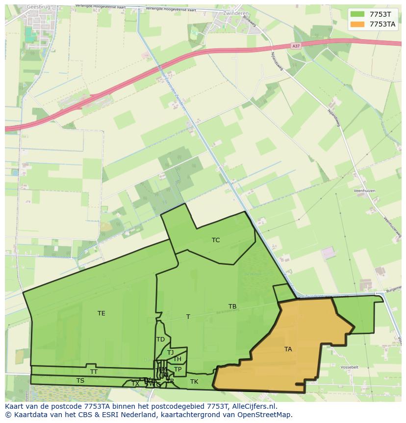 Afbeelding van het postcodegebied 7753 TA op de kaart.