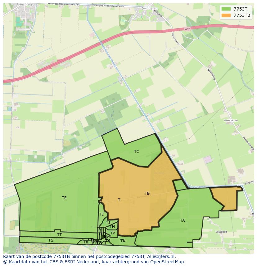 Afbeelding van het postcodegebied 7753 TB op de kaart.