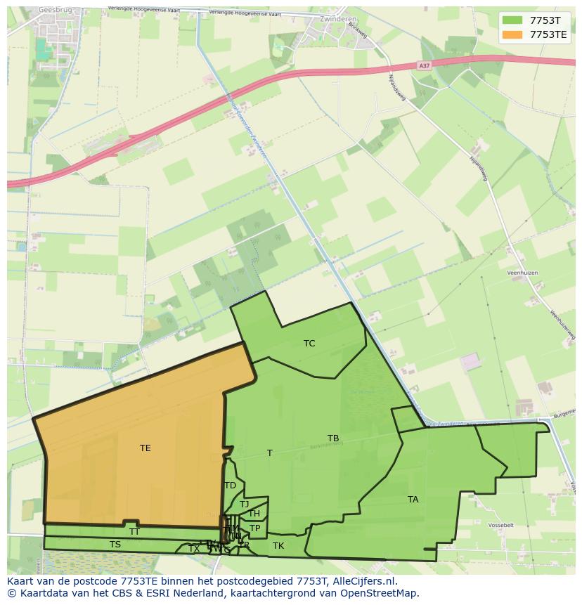 Afbeelding van het postcodegebied 7753 TE op de kaart.