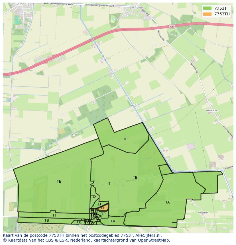 Afbeelding van het postcodegebied 7753 TH op de kaart.