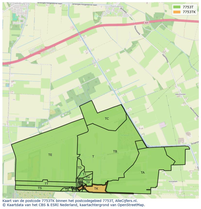 Afbeelding van het postcodegebied 7753 TK op de kaart.