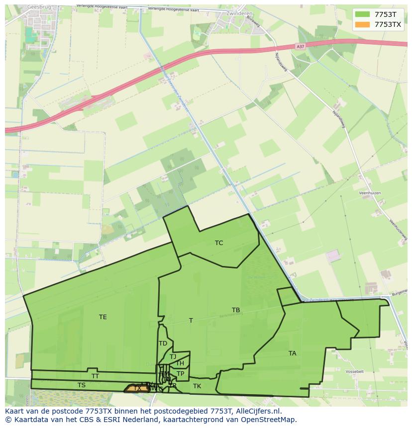 Afbeelding van het postcodegebied 7753 TX op de kaart.