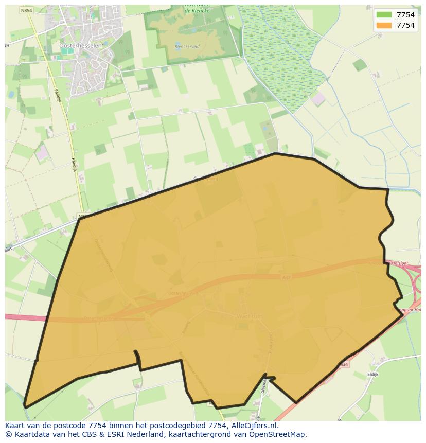Afbeelding van het postcodegebied 7754 op de kaart.