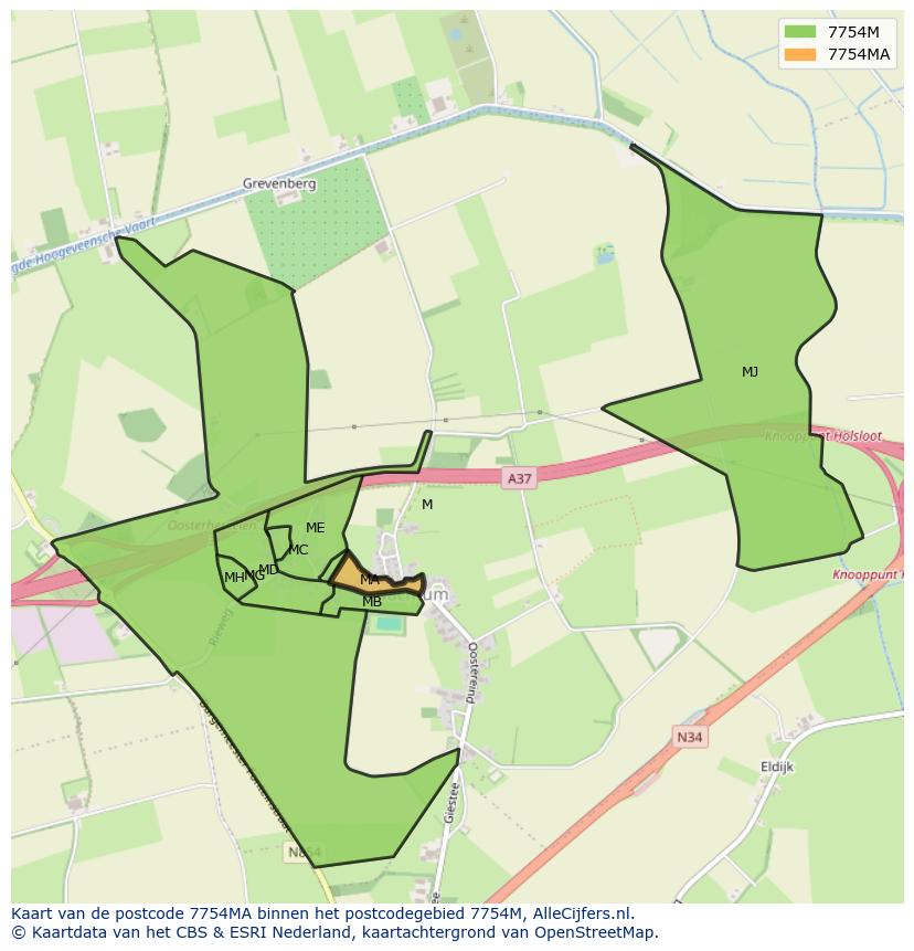 Afbeelding van het postcodegebied 7754 MA op de kaart.
