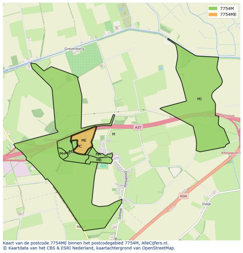 Afbeelding van het postcodegebied 7754 ME op de kaart.