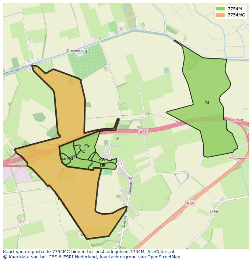 Afbeelding van het postcodegebied 7754 MG op de kaart.
