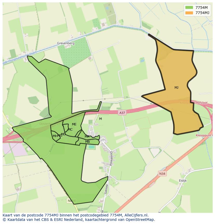 Afbeelding van het postcodegebied 7754 MJ op de kaart.