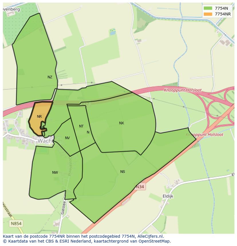 Afbeelding van het postcodegebied 7754 NR op de kaart.
