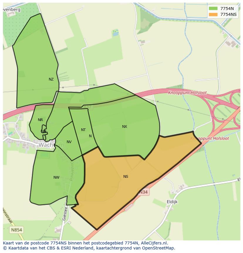 Afbeelding van het postcodegebied 7754 NS op de kaart.