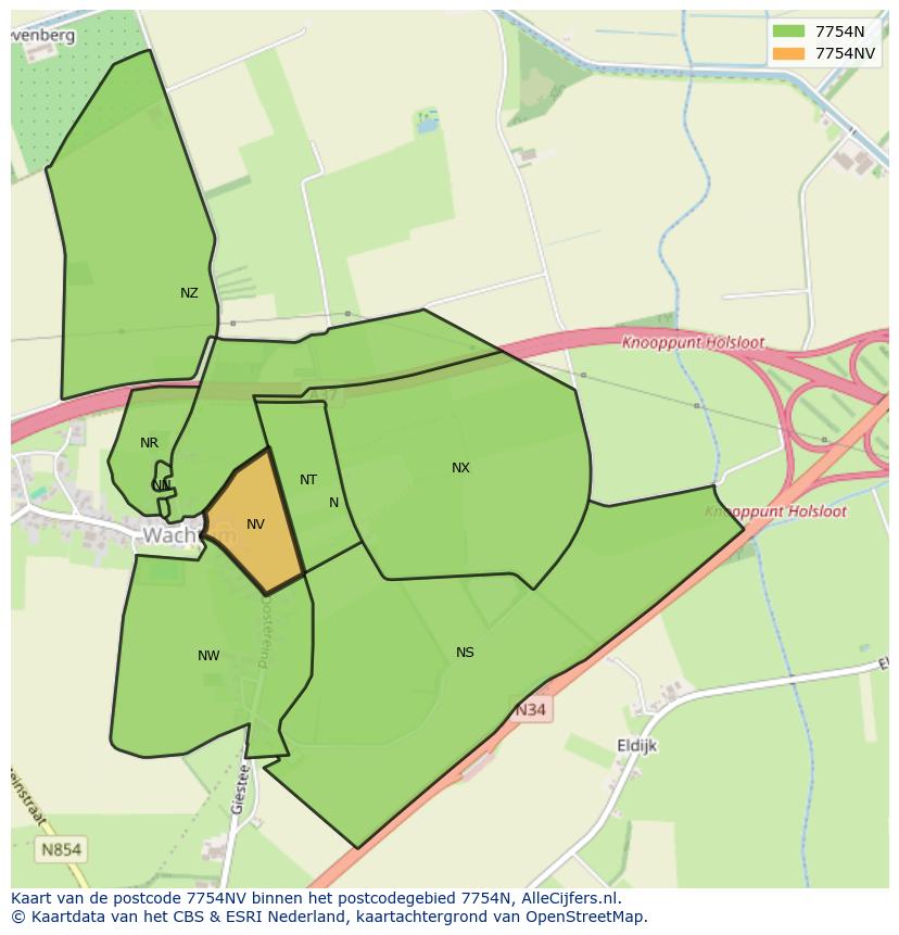 Afbeelding van het postcodegebied 7754 NV op de kaart.