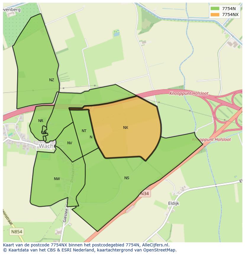 Afbeelding van het postcodegebied 7754 NX op de kaart.