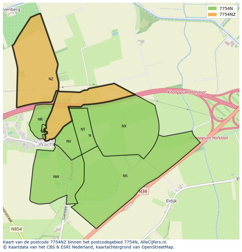 Afbeelding van het postcodegebied 7754 NZ op de kaart.