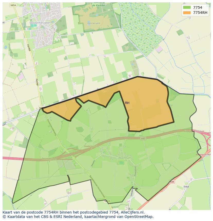 Afbeelding van het postcodegebied 7754 RH op de kaart.