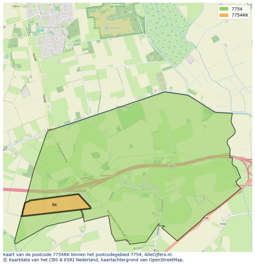 Afbeelding van het postcodegebied 7754 RK op de kaart.