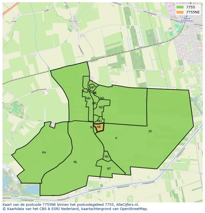 Afbeelding van het postcodegebied 7755 NE op de kaart.
