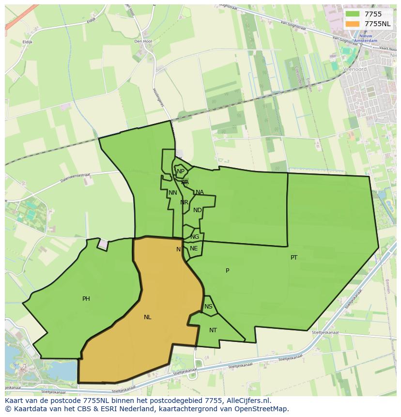 Afbeelding van het postcodegebied 7755 NL op de kaart.