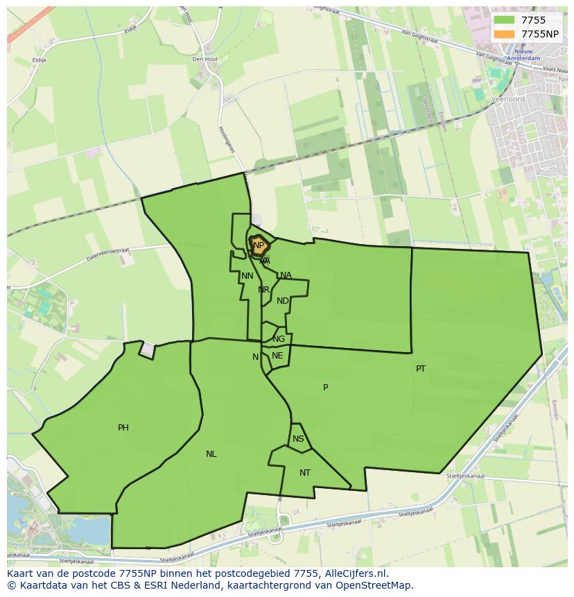 Afbeelding van het postcodegebied 7755 NP op de kaart.
