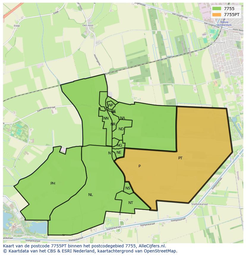 Afbeelding van het postcodegebied 7755 PT op de kaart.