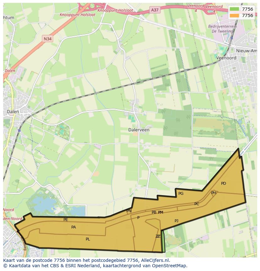 Afbeelding van het postcodegebied 7756 op de kaart.