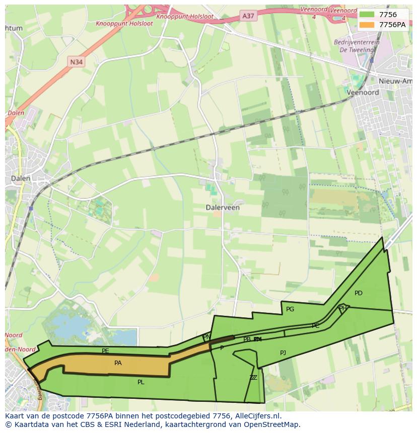 Afbeelding van het postcodegebied 7756 PA op de kaart.