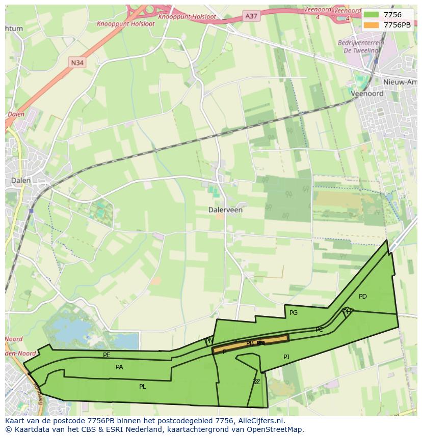 Afbeelding van het postcodegebied 7756 PB op de kaart.