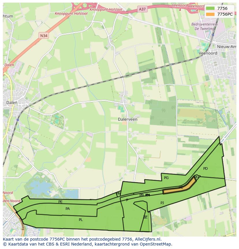 Afbeelding van het postcodegebied 7756 PC op de kaart.