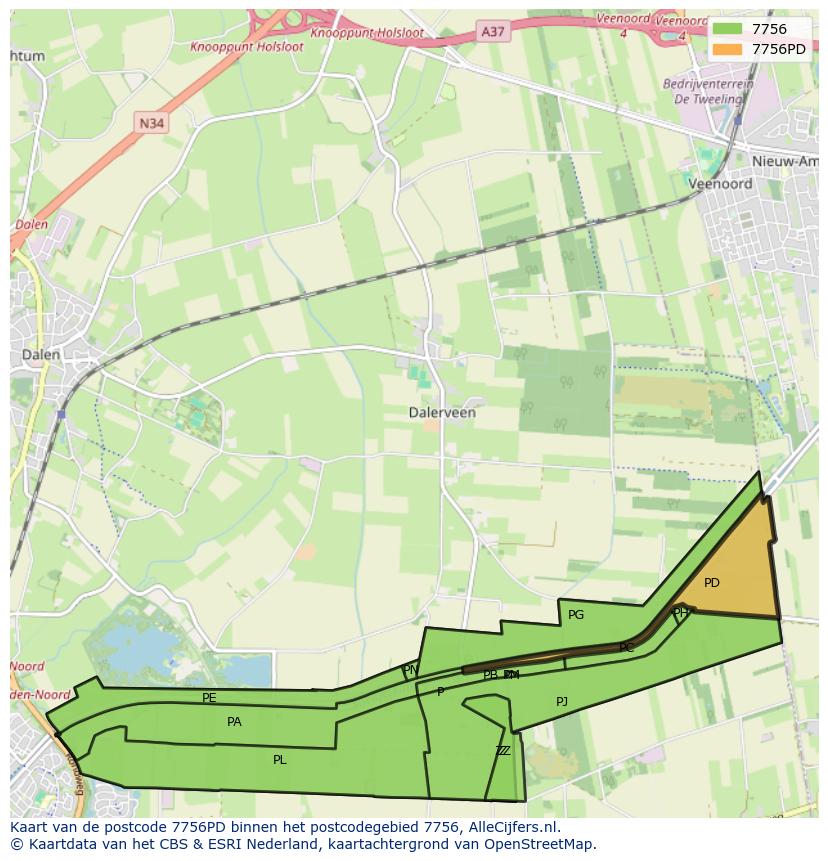 Afbeelding van het postcodegebied 7756 PD op de kaart.