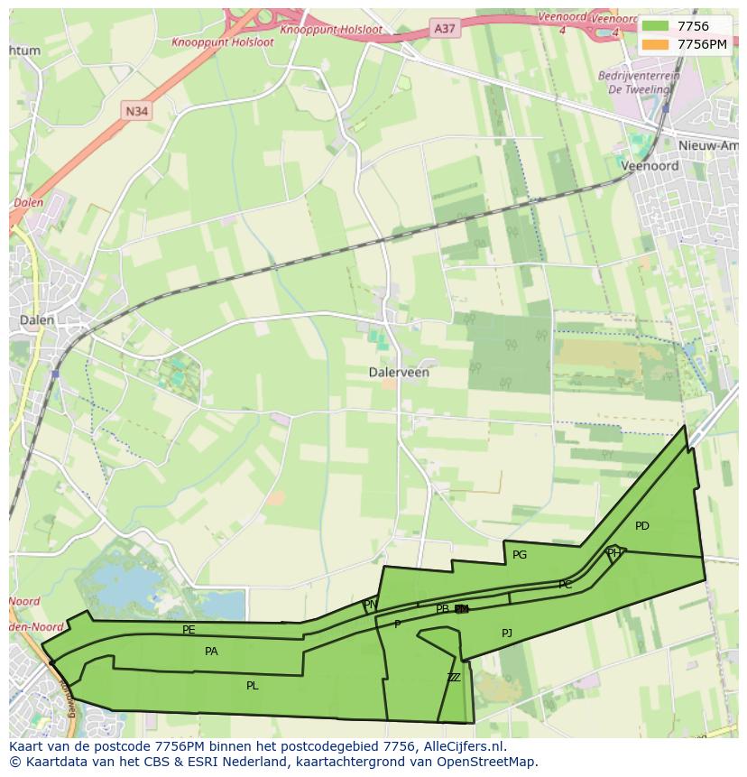 Afbeelding van het postcodegebied 7756 PM op de kaart.