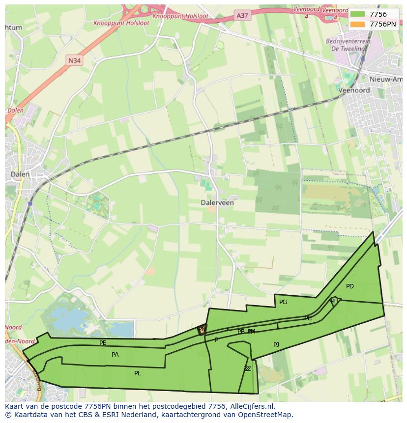 Afbeelding van het postcodegebied 7756 PN op de kaart.