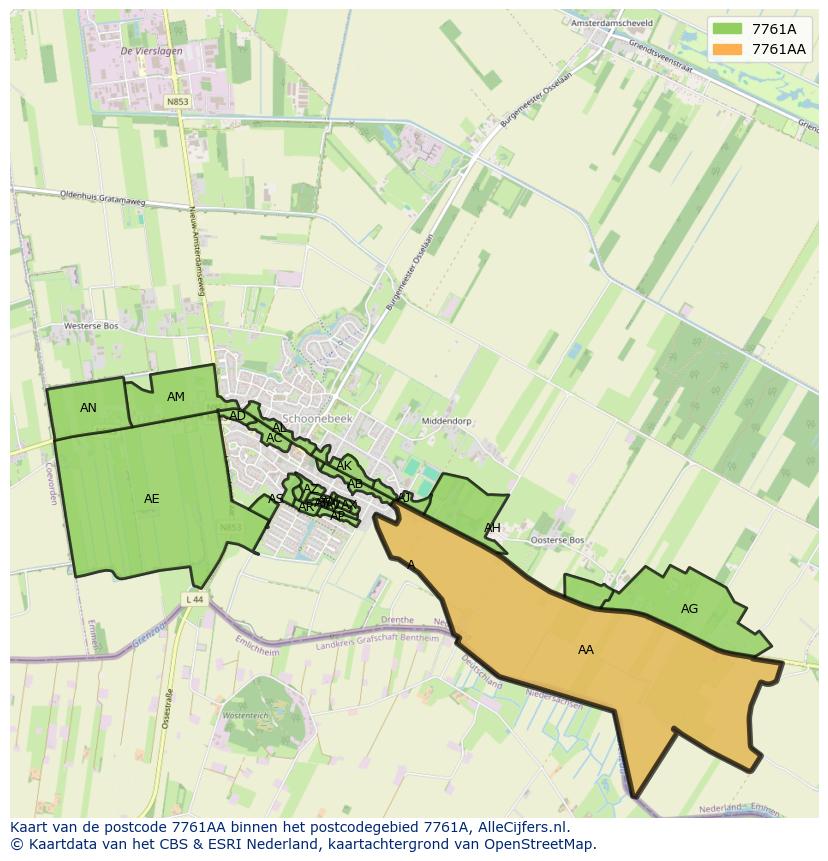 Afbeelding van het postcodegebied 7761 AA op de kaart.